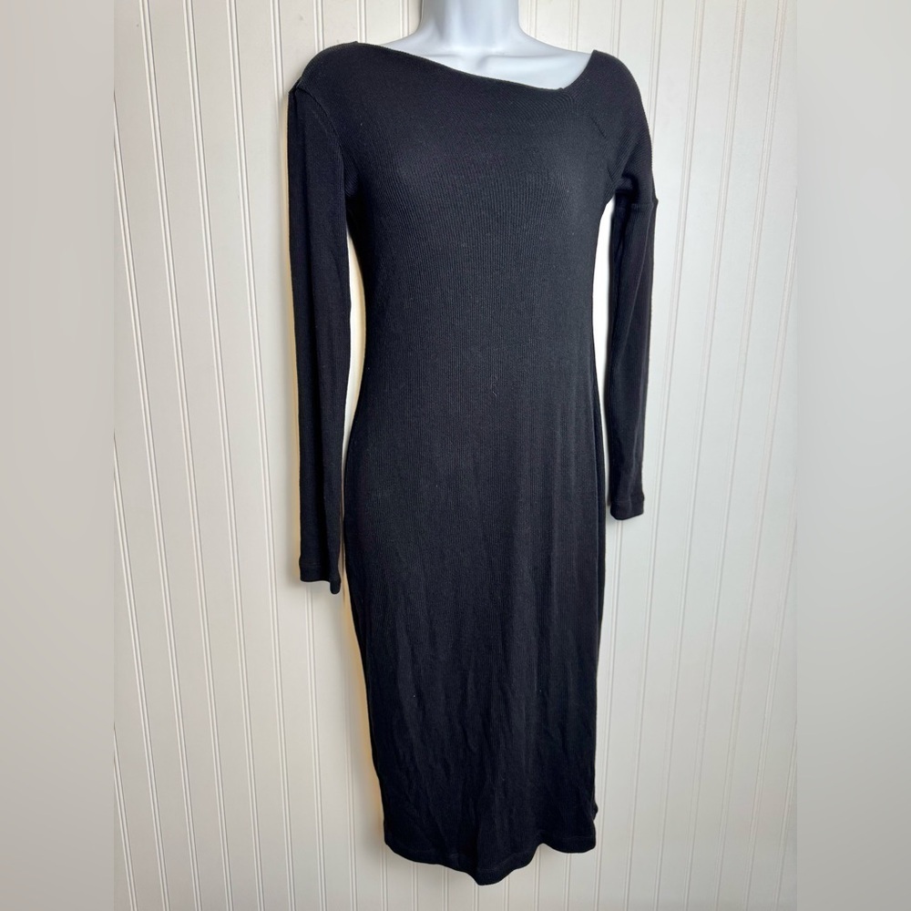Enza Costa Black Ribbed Bodycon Midi Dress Long Sleeve Medium P1